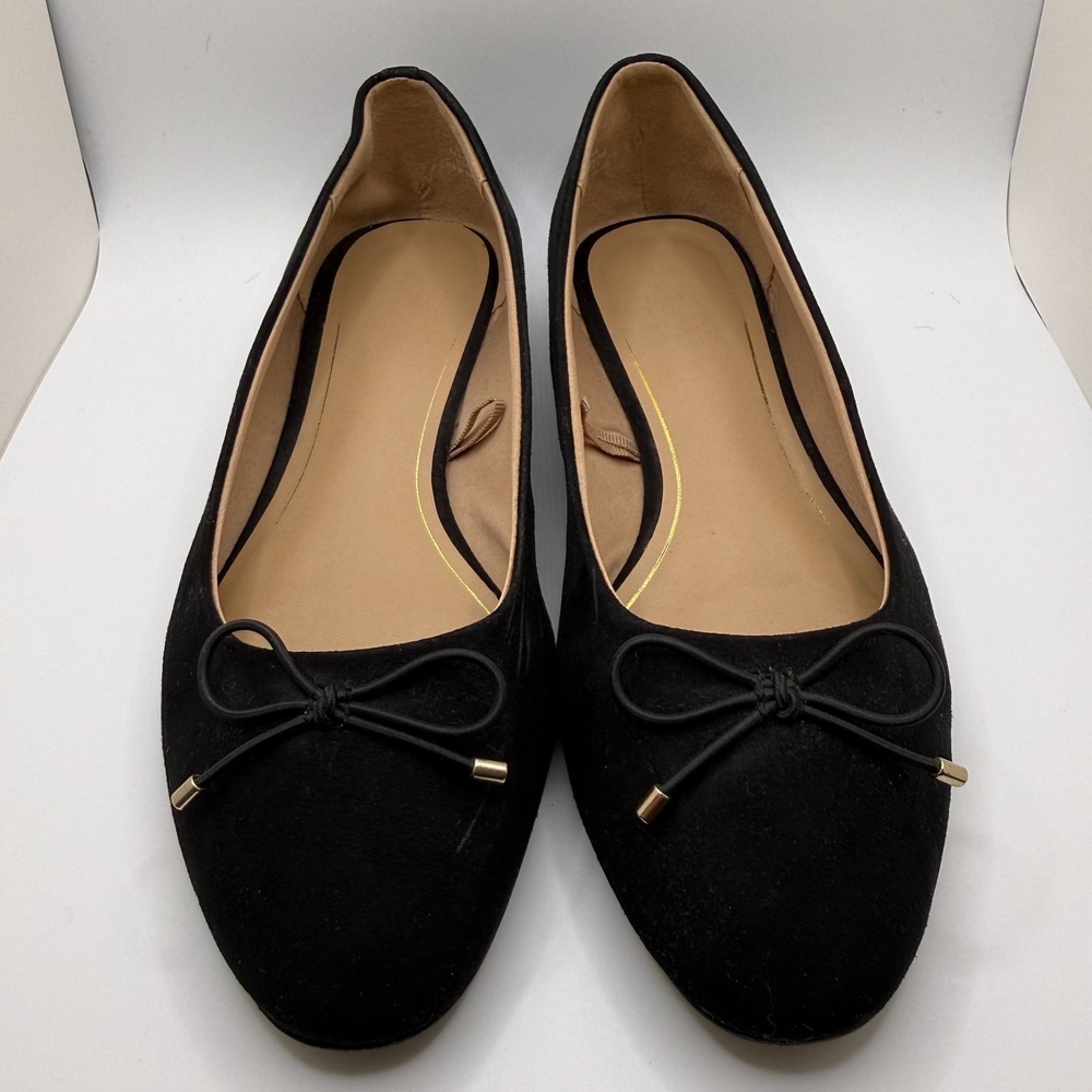 H&M Black Ballet Flats Bow Gold Tips Faux Suede Classic Ballerina Shoes Sz 5.5